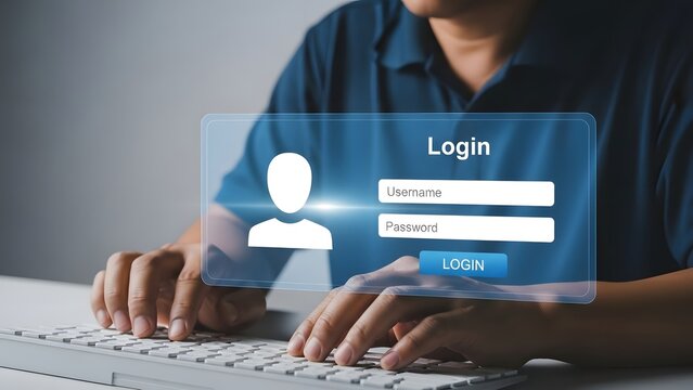 Person is typing on a keyboard, interacting with a translucent digital login and password interface.