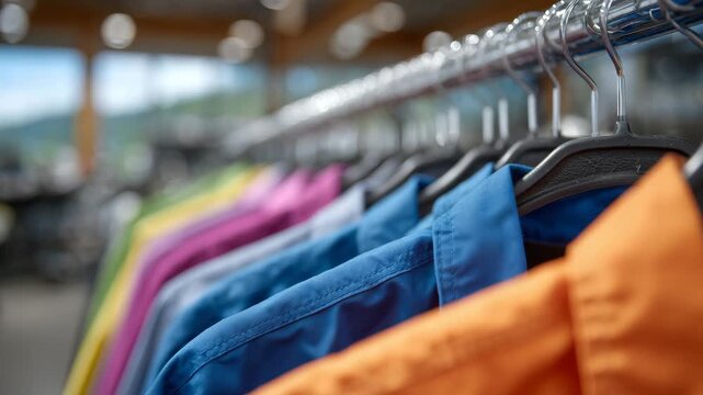 166Close-up of colorful safety overalls on hangers, metal hooks and thick straps visible, clean retail lighting highlighting material strength and design