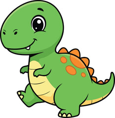 A cartoon green dinosaur with orange spots walking forward with a friendly smile