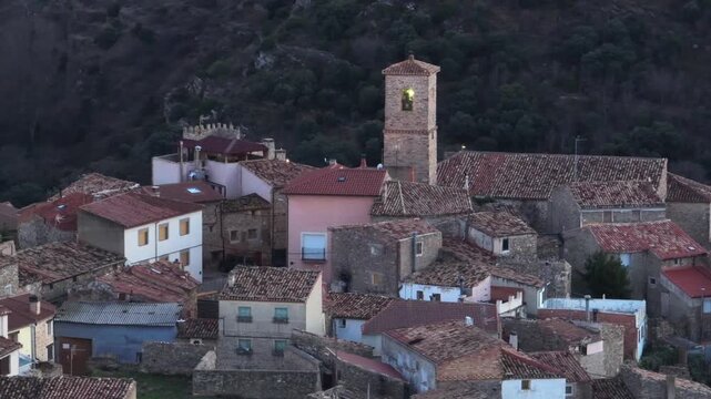 Stone houses and the Church of Saint Peter the Apostle. San Felices, Soria. Castile and Le&oacute;n
