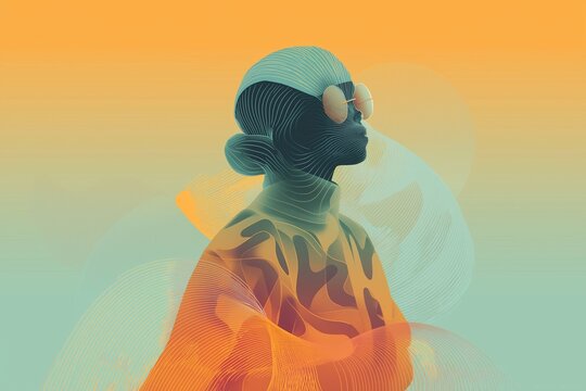 Stylish individual in sunglasses urban setting digital art gradient background profile view fashion and identity exploration for seo impact