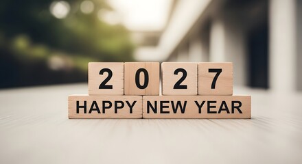 Wooden blocks spelling happy new year 2027 on a blurred festive background