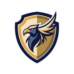 Fototapeta premium Powerful eagle head mascot logo on a gold shield emblem vector illustration for sports and gaming