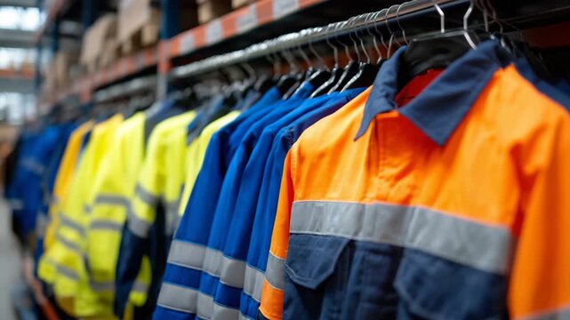 178Side view of a rack with work coats and jackets, bright orange, neon yellow, and blue uniforms, reflective stripes aligned, workplace safety clothing store concept