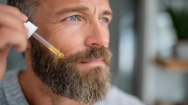 186Extreme close-up of beard oil being applied to the cheek, glass dropper and serum in sharp focus, mature skin texture visible, luxury men&rsquo;s skincare and moisturizing concept