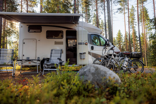 Family vacation travel RV, holiday trip in motorhome, Caravan car Vacation. Beautiful Nature Norway.