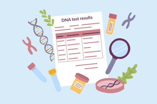 Flat vector illustration of a genetic test result surrounded by laboratory objects. Concept of DNA testing, ancestry, genetic analysis and biotechnology. Vector flat background.