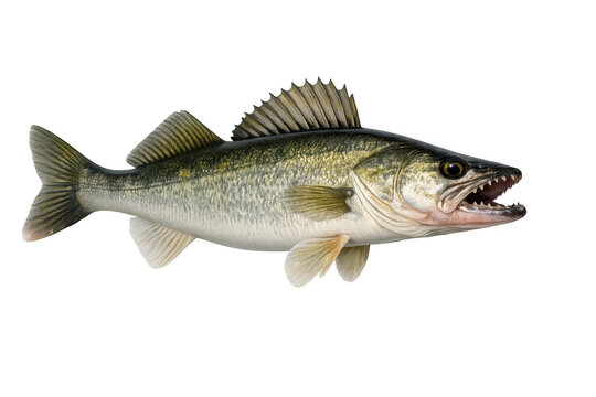 Walleye fish showing sharp teeth and dorsal fins, a freshwater predator on transparent background