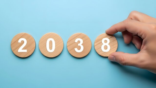 Hand placing the last digit to complete the year 2038 on wooden discs