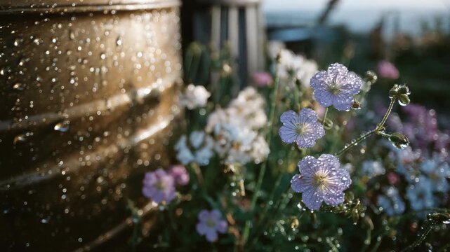 205Close-up of dew-covered flowers beside a brass rain barrel, morning light illuminating petals and metal, harmony between nature and sustainable gardening solutions