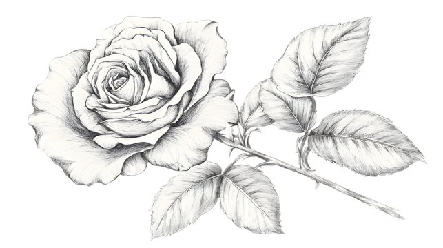 Romantic hand drawn pencil sketch of a single rose flower with leaves on transparent background