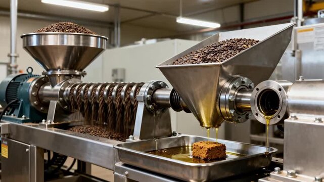 Medium shot capturing multistage screw press system in a mechanical oil extraction facility showcasing the sequential stages of oil pressing from raw seeds.