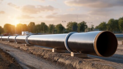 Infrastructure development projects include installing a pipeline, reflecting large scale engineering, logistics planning, and environmental management. cinematic color correction, natural uneven