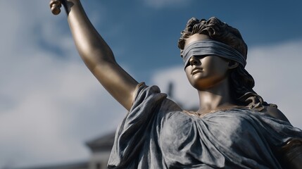 A dramatic legal metaphor shows blindfolded justice standing above conflict, representing fairness, order, and rule of law. cinematic color correction, natural uneven lighting yet gentle backlight,