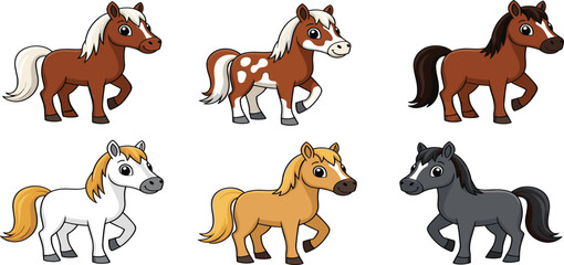 Obraz premium Colorful Cartoon Set of Diverse Horse and Pony Characters with Different Coat Colors for Kids Education Farm Animals and Equestrian Wildlife Vector Illustration
