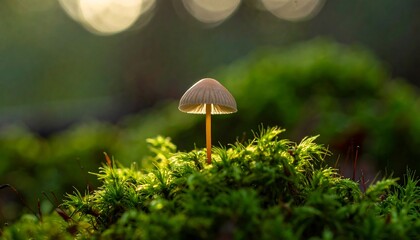 Fototapeta premium Delicate mushroom on moss in a forest setting.