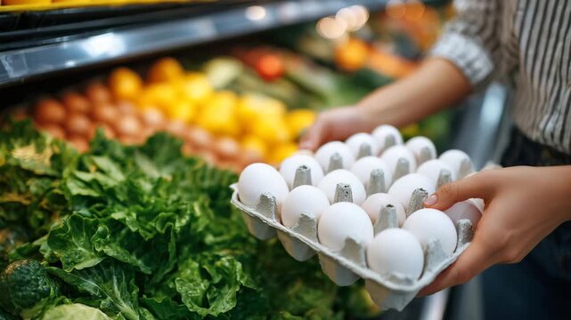 235Side-angle close-up of a customer selecting eggs from a refrigerated display, hands lifting a carton, neatly arranged eggs on shelves, grocery shopping for organic produce