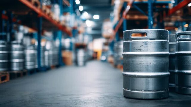 Closeup medium frame showing steel kegs organized on industrial racks emphasizing shiny surfaces and systematic alignment against a soft focus backdrop.