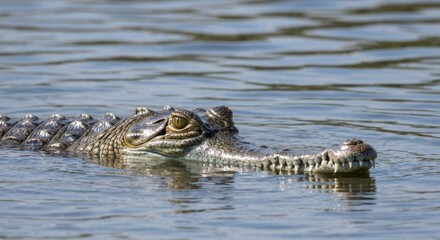 Obraz premium A freshwater crocodile with a long snout swims in calm water, eye visible