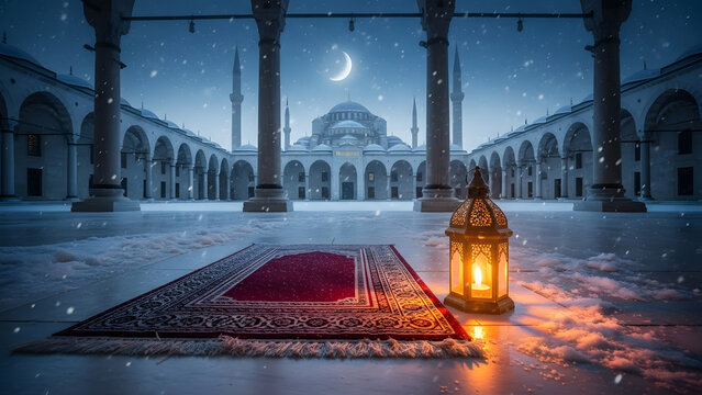 Wide view of a red prayer rug and lantern in a large mosque courtyard during a peaceful snowy night