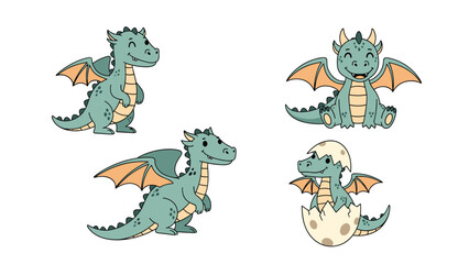 Obraz premium Collection of four adorable green baby dragon characters in different poses including one hatching from a spotted dragon egg.