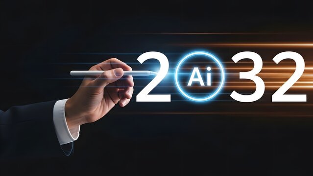 Businessperson writing 2032 with an ai icon in a futuristic digital design