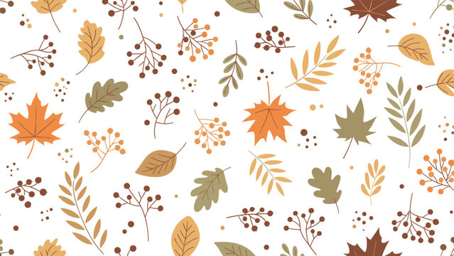 Comprehensive seamless pattern with various autumn leaves and berries in warm earthy tones on a plain white background for decor.
