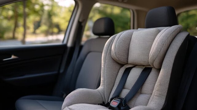 272Close-up of a modern child car seat securely fastened in the back seat of a crossover, padded straps and cushioned seat visible, soft natural light coming through the car windows