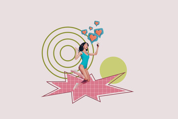 Composite zine pop trend collage of happy girl guy hold laptop jump target receive like reaction social media smm feedback