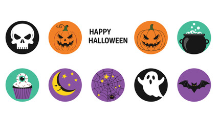 Diverse collection of halloween icons presented in colorful circles includes ghosts pumpkins skulls and spooky creatures.