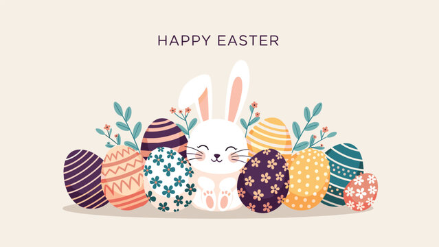 Happy easter illustration features a cute white bunny surrounded by many colorful decorated eggs and floral elements.