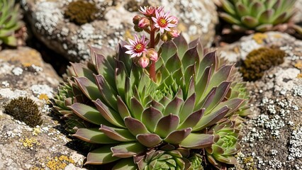 Blooming houseleek succulent in a rocky alpine setting, its dense rosette of green leaves with reddish tips sending up a tall stem crowned with clusters of delicate pink star‑shaped flowers under brig
