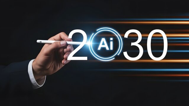 Hand writing the year 2030 with ai symbolizing the future of technology