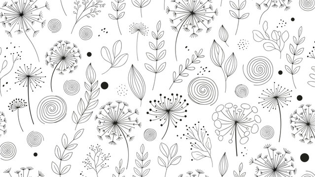 Artistic black and white seamless pattern displays dandelions and swirling shapes for a creative and elegant floral design.
