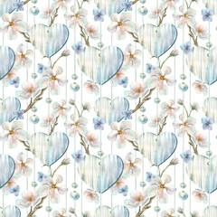 A seamless pattern of wooden hearts, beads hanging on strings, and apple blossoms. Hand-painted watercolor painting for Easter, Mother's Day, Valentine's Day, and weddings.