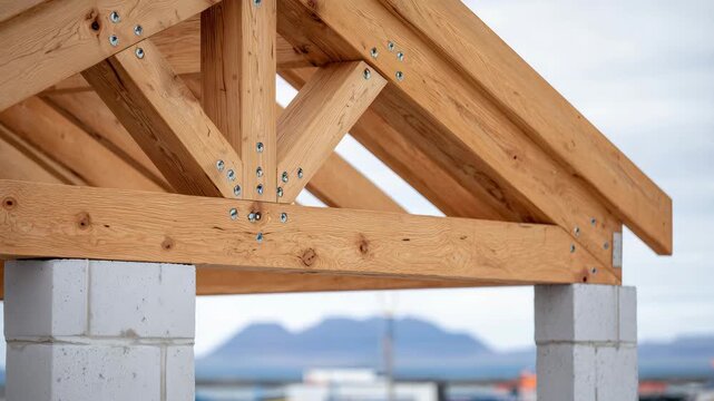 477Detail close-up of truss connections, wooden beams intersecting over concrete block walls, overcast sky visible through gaps, construction textures emphasized
