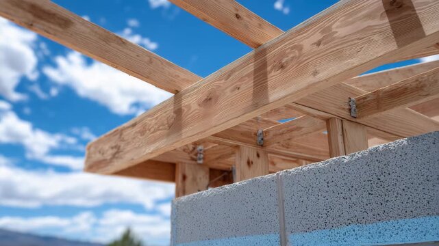 476Low-angle close-up of wooden roof trusses, rough-cut timber textures visible, concrete block walls beneath, cloudy dramatic sky as backdrop, new building framework concept