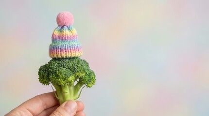 Fun and whimsical broccoli wearing a colorful knit hat food photography indoor studio playful and creative environment close-up shot unique concept for healthy eating