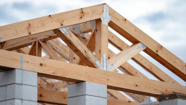 479Detail close-up of truss connections, wooden beams intersecting over concrete block walls, overcast sky visible through gaps, construction textures emphasized