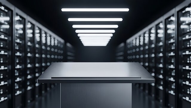 Empty metal podium in modern data center server room