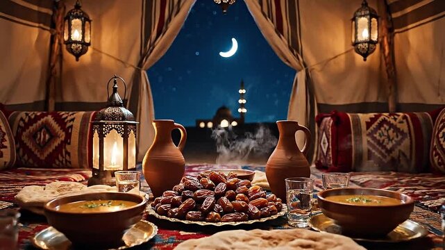 Ramadan desert tent iftar scene with traditional arabic cushions, glowing lanterns, dates and bread on carpet, mosque silhouette at night, warm cinematic lighting, peaceful islamic atmosphere, 4k