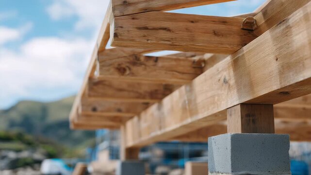 480Overhead angled close-up of wooden roof structure, blocks stacked beneath, cloudy sky in soft focus background, unfinished construction, geometric and architectural composition