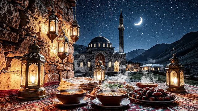 Ramadan iftar table near stone mosque with glowing lanterns, hot soup, dates and bread, crescent moon, starry night sky, mountain village, warm cinematic lighting, peaceful islamic mood, 4k