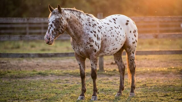 Appaloosa horse standing in paddock during golden hour sunlight