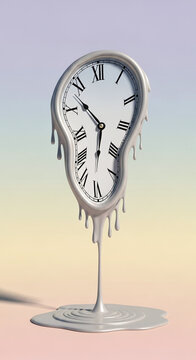 A surreal clock melting and dripping against a pastel background.