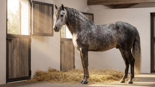 Dapple gray Lusitano horse in modern stable with sunbeams