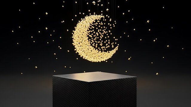 Golden crescent moon particles over black podium background