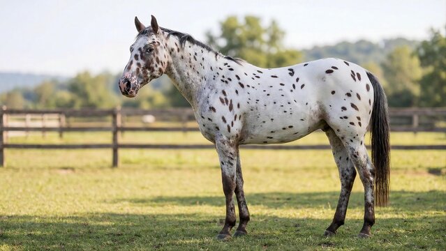 Appaloosa horse standing in paddock with spotted coat and no tack