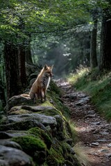 A fox is sitting on a rock near a wall
