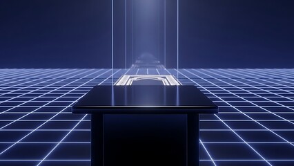 Empty podium stand on futuristic blue digital grid background